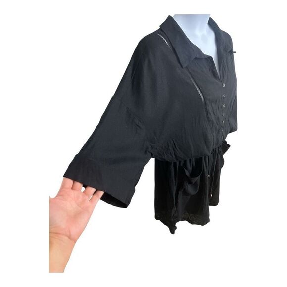 Women Black 3/4-Sleeve Romper Plus Size 2X Linen Blend Button Up Elastic-Waist - Picture 6 of 12